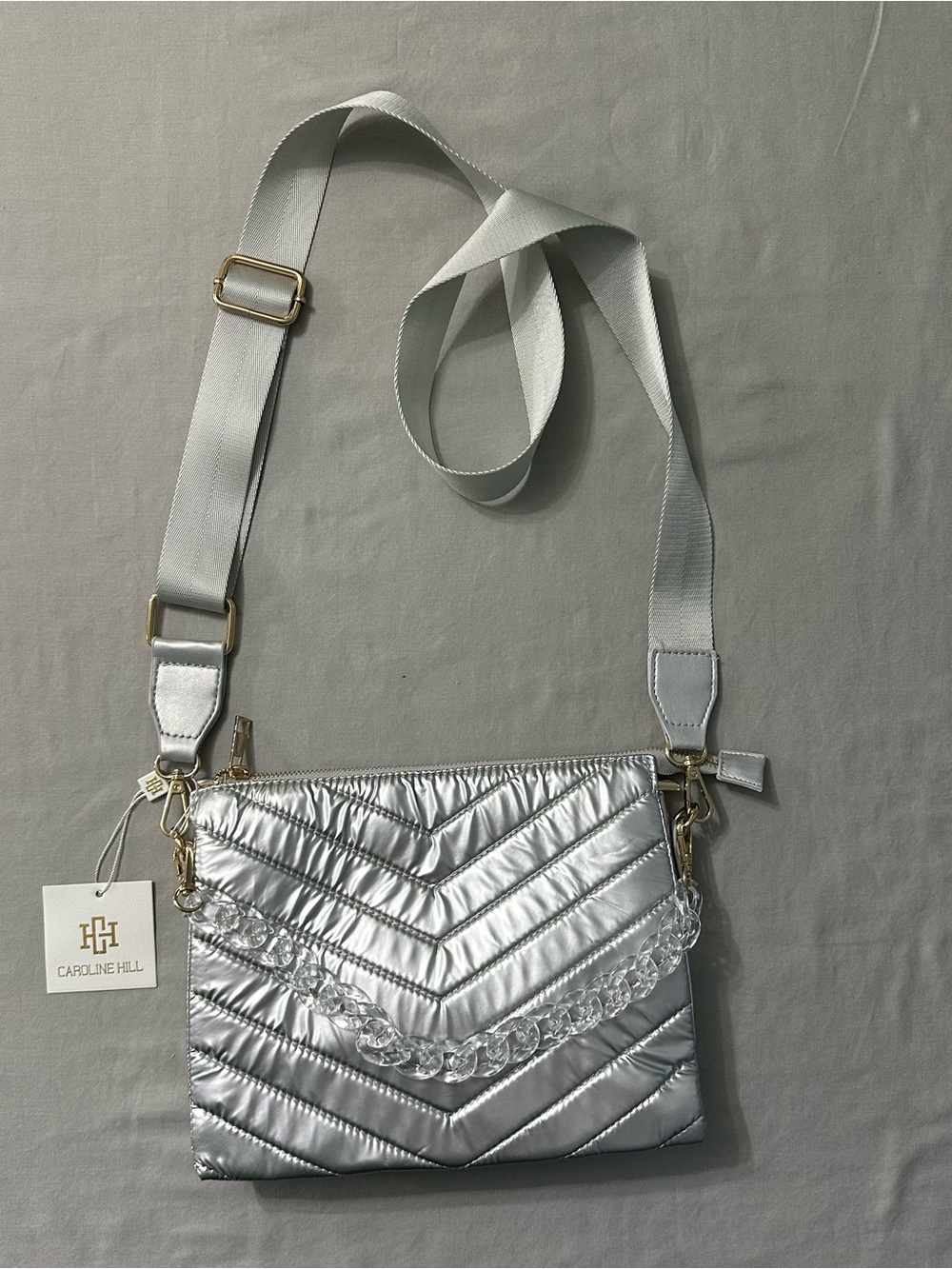 Caroline Hill Quilted Puffer Crossbody Bag Metallic Silver NWT Clear Chain Strap